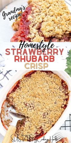 strawberry rhubarb crisp in a white dish