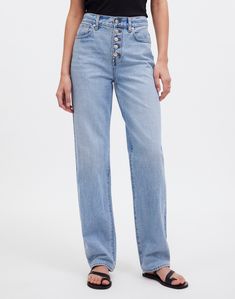 ' The fabric: old-school cotton denim with zero stretch. Light vintage wash with natural abrasion and distressing. 10 1/2' rise, 16' leg opening, 30' inseam. 100% cotton (60% of which is Regenagri certified cotton). Do Well: By buying cotton products from Madewell, you''re supporting our investment in Better Cotton''s mission to help cotton communities survive and thrive while protecting and restoring the environment. This product is sourced through a system of mass balance and therefore may not Cotton Button-up Jeans For Everyday, Button-up Cotton Jeans For Everyday, Dark Wash Relaxed Fit Button-up Jeans, Rigid Denim Washed Jeans, Full-length Rigid Denim Washed Jeans, Spring Washed Button-up Jeans, Full Length Rigid Denim Washed Jeans, Classic Button-up Relaxed Fit Jeans, Cotton Button-up Dark Wash Jeans