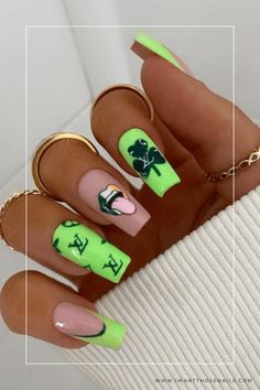 Louis Vuitton Nails Bright Green St Patricks Day Nails, St Patrick’s Day Stiletto Nails, Good Luck Nails Art Designs, Long St Patricks Day Nails, Lucky Charm Nails St Patrick, St Pattys Day Nails Acrylic, Nails St Patrick’s Day, Cute Nails For March, Lucky Charms Nail Art