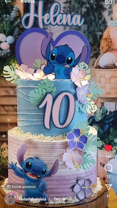 the birthday cake is decorated with an image of stitch