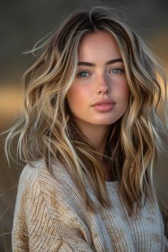 Portrait of a woman with tousled blonde hair and blue eyes, wearing a knit sweater, with a subtle smile and a backdrop that suggests twilight ambiance. Long Layers Bayalage, Balayage Summer, Heavy Highlights, Bayalage Hair, Hair 2025, Blonde Hair Transformations, Perfect Hair Color, Summer Blonde