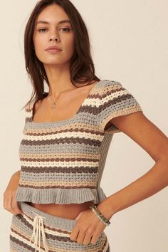 Hooked on a Feeling Striped Crochet Crop Top - ShopPromesa Hooked On A Feeling, Crochet Crop, Crochet Crop Top, Fitted Silhouette, Ruffle Hem, Square Neckline, Cap Sleeves, Knit Top, Crochet Top