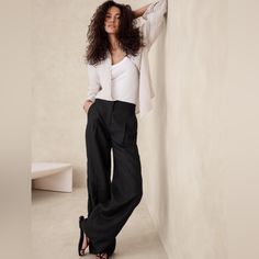 Crafted With Warm-Weather In Mind, We Cut This Pleated Pant From A Lightweight Woven Fabric We Love For Its Blend Of Silky Tencel Lyocell And Breathable Linen. Here, We Opted For Minimalist Details To Best Showcase The Slub Texture Of This Beautiful Fabric. High Rise (11"), Relaxed Fit With Wide Leg. Full Length. Sustainability: Made With Tencel Lyocell, A Sustainably Sourced Fiber From Responsibly-Harvested Trees. Zip Fly With Hook-And-Bar Closure. Front And Back Pockets Black: Unlined Fabric & Tencel Pants, Office Fits, Pleated Pant, Black Wide Leg Pants, Lightweight Pants, Petite Shorts, Cropped Vest, Wide Leg Linen Pants, Banana Republic Pants