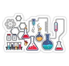 the science sticker is shown with various laboratory items and beaks on it's side