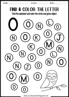 the letter o worksheet with an owl sitting on top of it, and letters in