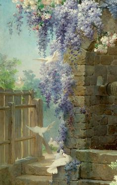 a painting of flowers growing on the side of a brick wall next to a gate