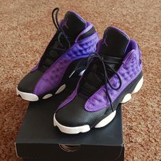 These Are Brand New ... Absoulutley Adoarable There Violet Black N White Retro Jordan 13s Asking 220 Obo Make Me An Offer All Will Be Considered There 5.5 Big Kids Size Which Is 7.5 In Women Purple Leather Lace-up Jordan Shoes, Purple Jordan Shoes For Sports, Purple Leather Basketball Shoes With Cushioned Footbed, Purple High-top Jordan Shoes, Purple Leather Jordan Shoes With Round Toe, Purple Lace-up Jordan Shoes, Purple Jordan Sporty Shoes With Round Toe, Purple Synthetic Jordan Sports Shoes, Purple Synthetic Jordan Shoes For Sports