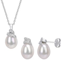 With luminous freshwater cultured pearls and swirling, diamond adorned details, this Stella Grace necklace and earring set is a sparkling combination you'll love. With luminous freshwater cultured pearls and swirling, diamond adorned details, this Stella Grace necklace and earring set is a sparkling combination you'll love. Includes: 1 necklace & 1 pair of earrings Clasp: spring-ring Nickel free Metal: sterling silver Length: 18 in. Backings: post Packaging: boxed Earring length: 9.3 mm Chai Pearl Jewelry With Diamond Accents In Pear Shape, Pear Shaped Pearl Jewelry With Diamond Accents, Pear-shaped Pearl Jewelry With Diamond Accents, Pear-shaped Pearl Jewelry In Diamond White, Swirl Necklace, Silver Drop Necklace, Diamond Jewelry Set, Silver Jewellery Sets, Pearl Types