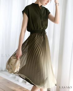 Lasaky - Sophisticated Pleated Ombre Belted Midi Dress with European-inspired Elegance Women's A Line Dresses, Cheap Dresses Casual, Floral Print Jumpsuit, Elastic Waist Dress, Belted Midi Dress, Mid Length Skirts, Green Midi Dress, European Designs, Types Of Skirts