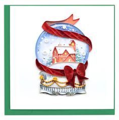 a christmas card with a snow globe and red ribbon on the bottom, in front of a white background