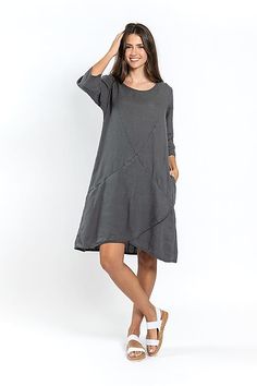 Sibby Dress by Cynthia Ashby (Linen Dress) Shift A-line Linen Dress, Casual Linen V-neck Shift Dress, Relaxed Fit V-neck Linen Dress With Pockets, Cotton V-neck Lagenlook Dress, Relaxed Fit V-neck Lagenlook Dress, Artful Home, Three Quarter Sleeves, Quarter Sleeve, Linen Dresses