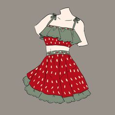 a red and green dress with white polka dots on the bottom, in front of a gray background