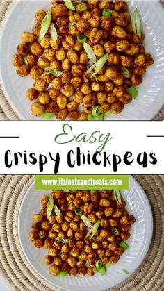 crispy chickpeas on a white plate with text overlay that reads easy crispy chickpeas