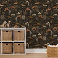 a wallpapered room with drawers and baskets in front of it, next to a basket