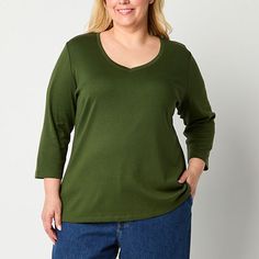 Upgrade your basics with this St. John's Bay women's plus 3/4 sleeve t-shirt to wear with jeans, pants or skirts. It's made from soft ribbed cotton in a regular-fit with a v-neckline that's perfect for layering necklaces.Features: EssentialsClosure Type: Pullover HeadFit: Regular FitNeckline: V NeckSleeve Length: 3/4 SleeveApparel Length: 29 InchesFiber Content: 100% CottonFabric Description: RibCare: Tumble Dry, Machine WashMaterial: CottonCountry of Origin: Imported Shirt Shop, Everyday Essentials Products, Shirts Tops, V Neck T Shirt, Long Sleeve Tees, T Shirts For Women, V Neck, T Shirts, Long Sleeve