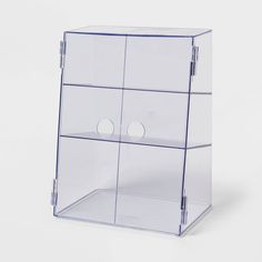 a clear plastic box with four compartments on the front and two doors at the bottom