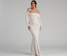 Sierra Sequin Off The Shoulder Formal Dress &vert; Windsor Formal Dress White, Ball Gowns Prom