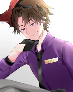 an anime character wearing a purple shirt and black tie with his hand on his shoulder