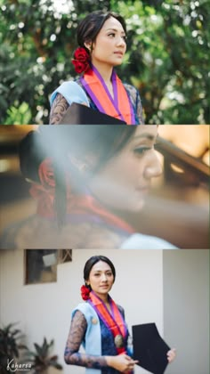 the woman is wearing an orange flower in her hair, and she has a blue scarf around her neck