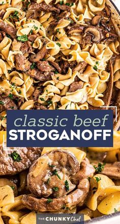 the classic beef stroganonoff is served in a bowl