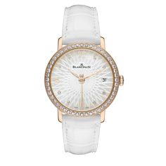 WOMEN, ULTRA-SLIM, DATE, seconds, red gold, decorated white mother of pearl dial, bezel and dial set with diamonds, closed case- back, self- winding, 100 hour PR, 34mm, alligator strap, delivered with a white satin strap The reference number is: 6604-2944-55A ul { list-style-type: square; } Blancpain Watch, Watch Making, Slim Watches, Brown Leather Strap Watch, Watch Winder, Rose Gold Case, Wooden Watch, Star Jewelry, Brown Leather Strap