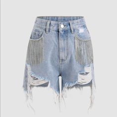 Size: Small Style: Jean Shorts (Not Stretchy) Summer Party Cutoff Bottoms, Trendy Cutoff Bottoms For Party, Chic Denim Shorts For Party, Party Denim Bottoms With Fringe, Casual Party Bottoms With Frayed Hem, High Waist Fringe Bottoms For Spring, Chic Party Bottoms With Frayed Hem, Spring Party Bottoms With Frayed Hem, Casual Summer Bottoms With Rhinestone Fringe