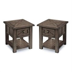 two wooden end tables with one drawer open and the other closed, both side by side