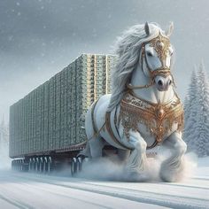 a white horse is pulling a trailer in the snow