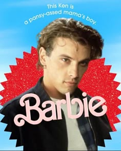 a man in a black jacket with the words barbie on it's chest and an image of himself behind him