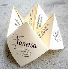 an origami fortune card holder with the name vanessa written on it in cursive writing