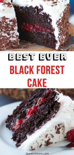 the best ever black forest cake with white frosting and cherries