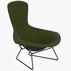 a green chair sitting on top of a metal frame base with a black wire structure underneath it