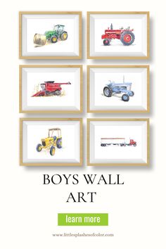 boys'wall art with farm vehicles and tractors on it, the words boys'wall art learn more