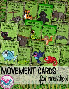 the movement cards for preschool to use in an animal themed language game, which includes animals and