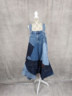 Flowy, upcycled denim patchwork dress with frayed seams and jagged hem. Wide shoulder straps for added comfort. Bust measures 42" and length is approximately 46". Front denim pockets. Denim Upcycle Clothing, Denim Patchwork Dress, Denim Upcycle, Upcycle Clothing, Patchwork Sweater, Denim Pocket, Upcycled Denim, Dress Xl, Recycle Clothes