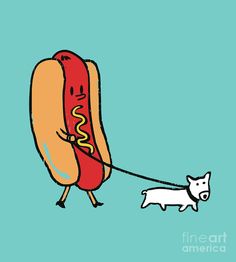 a drawing of a hot dog being pulled by a white dog on a blue background