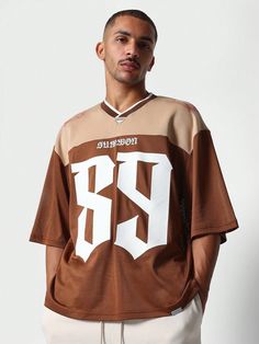 Oversized Fit Color Block Baller Tee With Number Print & Back Old English Print Brown   Short Sleeve Polyester   Slight Stretch,Medium Stretch  Men Clothing, size features are:Bust: ,Length: ,Sleeve Length: Number Graphic, Street Fashion Men Streetwear, Graphic Tshirt Design, Brown Shorts, Old English, Mens Streetwear, Kids Beachwear, Men Clothing, Maternity Bag