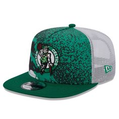 the boston bucks'new era trucker hat is green and white with an image of a