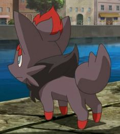 an animated image of a gray pokemon with red feet standing in front of a body of water