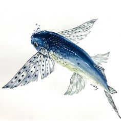 a drawing of a blue fish with white spots on it's body and tail