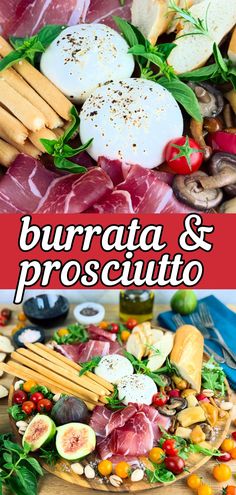 this is an image of a plate of meats and cheeses with the words burra & prosciuto on it