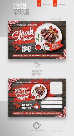 two banners for steak house with meat and vegetables on them