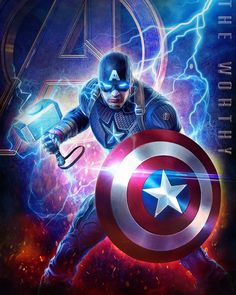 the avengers movie poster with captain america holding an iron - man shield and lightning behind him