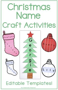 Christmas Name Craft Activities Stocking Crafts For Preschool, Christmas Name Craft, December Preschool Activities, Christmas Craft Activities, Tree Names, December Preschool, Preposition Activities