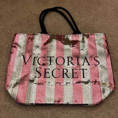 Excellent Condition, Maybe Never Used! Cute Pink & Silver Striped Sequin Pattern With Back Back & Interior. Victoria's Secret Rectangular Gift Bag, Silver Pouch Bag For Shopping, Sequin Pattern, Victoria Secret Tote Bags, Back Back, Victoria Secrets, Cute Pink, Womens Tote Bags, Victoria's Secret Pink