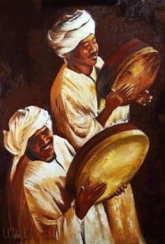 an oil painting of two men holding drums