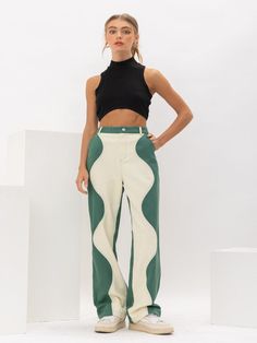 High Waist Long Wide Style Swirl Pattern Color Block Single Button Closure Zipper Closure Four Pockets Belt Loops 100% Cotton Funky Pants, Unique Pants, Colorblock Pants, Pattern Pants, Color Blocking Outfits, Straight Fit Pants, Fun Pants, Green Pants, Girls Denim