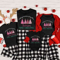 When ordering Select the size shirt that you'd like include the personalized name. Add it to your cart. Repeat for each shirt you order. Content + Care -Machine wash cold and tumble dry low Size + Fit -True To Size Fit (American Uni-Sex Sizes for T-Shirts) -Available in baby 3month-18 months, toddler 2t-5t, youth small-XL, and adult sizes small, medium, large, x-large, 2x-large, and 3x-large Processing + Shipping Your order will ship out in 2-5 days. Please allow 1-2 days for processing. Most orders are delivered in 7-10 business days. Refunds + Exchanges We know that you will LOVE your shirt! Please make sure you review the sizing chart before ordering to avoid size exchanges. Please contact us if you are not satisfied with your order.  THANK YOU! Thank you so much for ordering from us! W Matching Pajamas Christmas, Christmas In Pink, Family Matching Pajamas, Christmas Pjs Family, Funny Pajamas, Pajamas Christmas, Family Pjs, Matching Family Christmas Pajamas, Matching Christmas Shirts