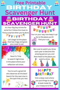 a birthday party flyer with the words free printable birthday scavent hunt on it