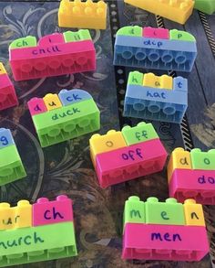 colorful legos with words written on them